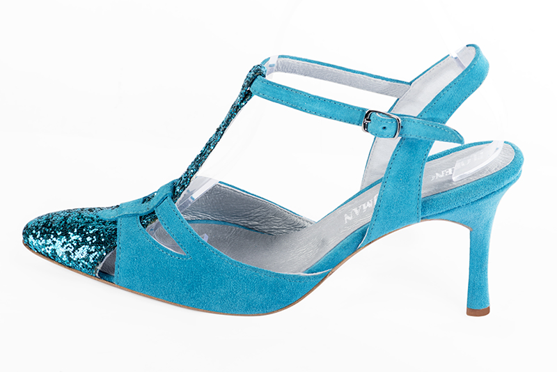 Turquoise blue women's open back T-strap shoes. Tapered toe. High slim heel. Profile view - Florence KOOIJMAN